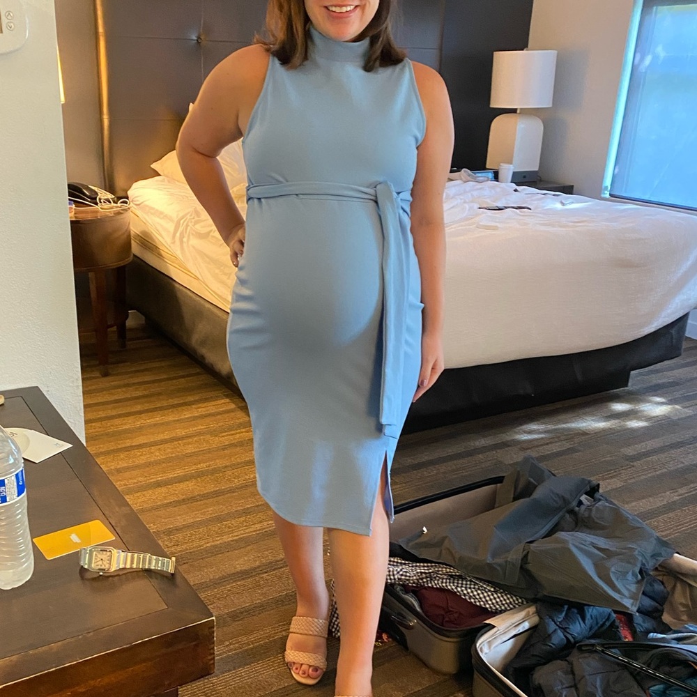 Pink Blush Maternity Blue Midi Dress with Sash, size Large